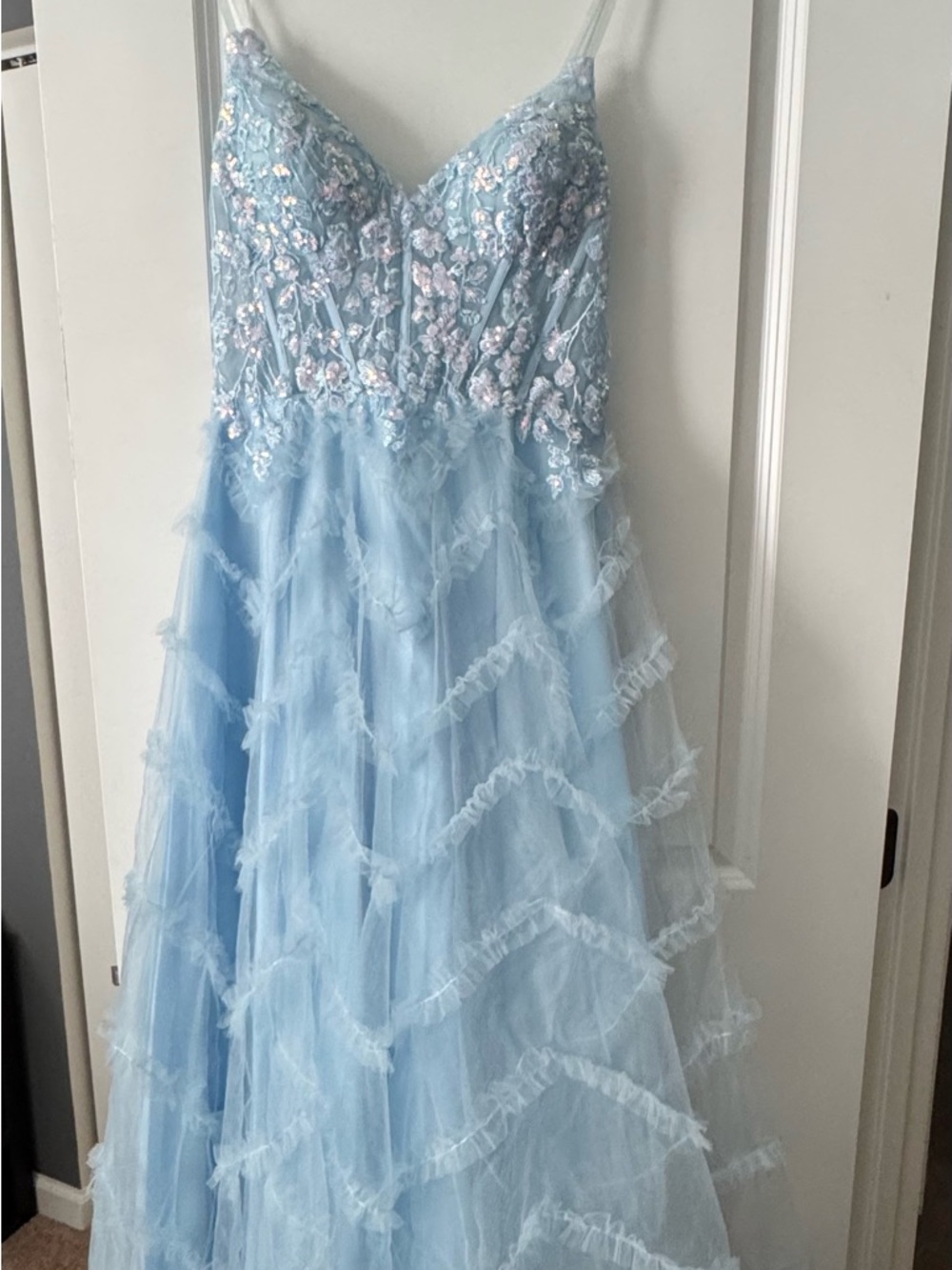 Light Blue Spaghetti-Strap Lace & Tiered Tulle Prom Dress